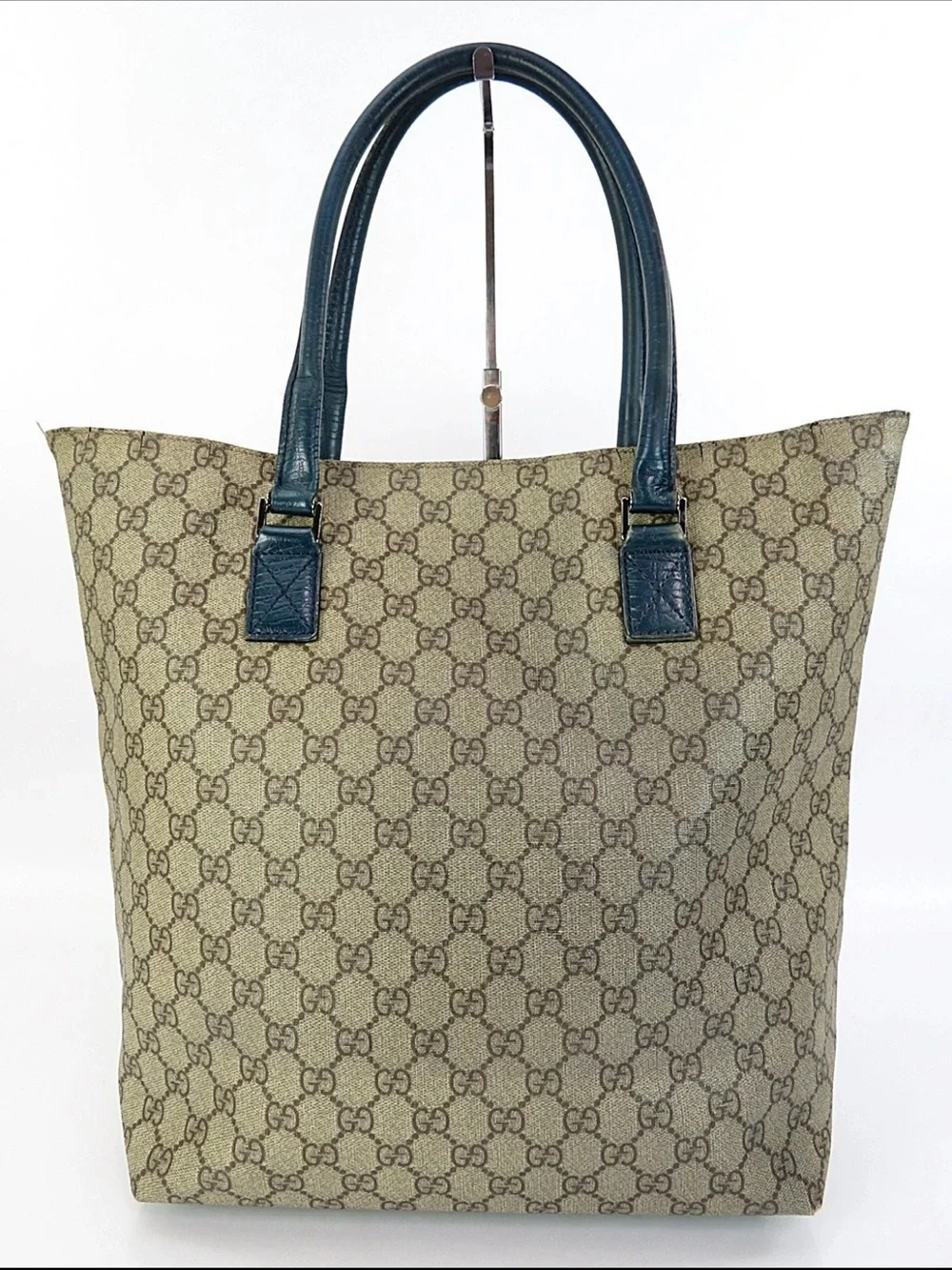 Gucci Beige GG Canvas Tote with Blue Leather Handles